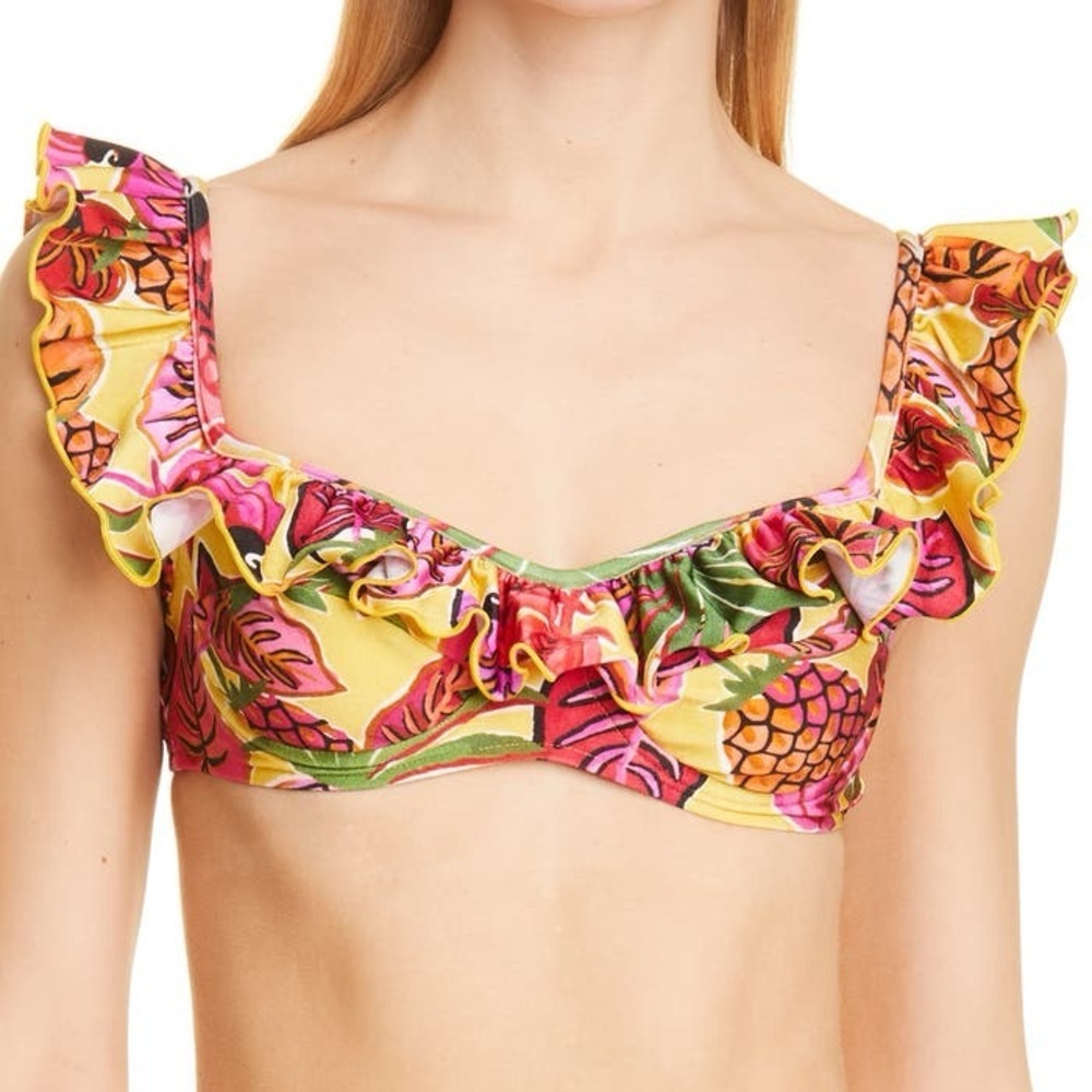 Farm Rio Fruit Dream Ruffle Underwire Bikini Top Small Yellow